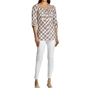 Polo Ralph Lauren Plaid‎ Tie Neck Blouse M Red Black Preppy Chic Classic